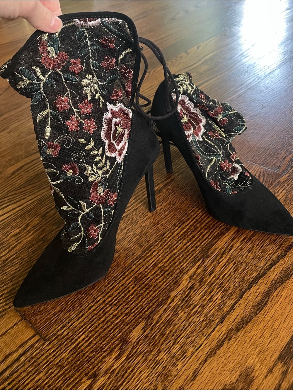 Zara Basic Collection Embroidered Black Floral Lace-Up Stiletto Heels